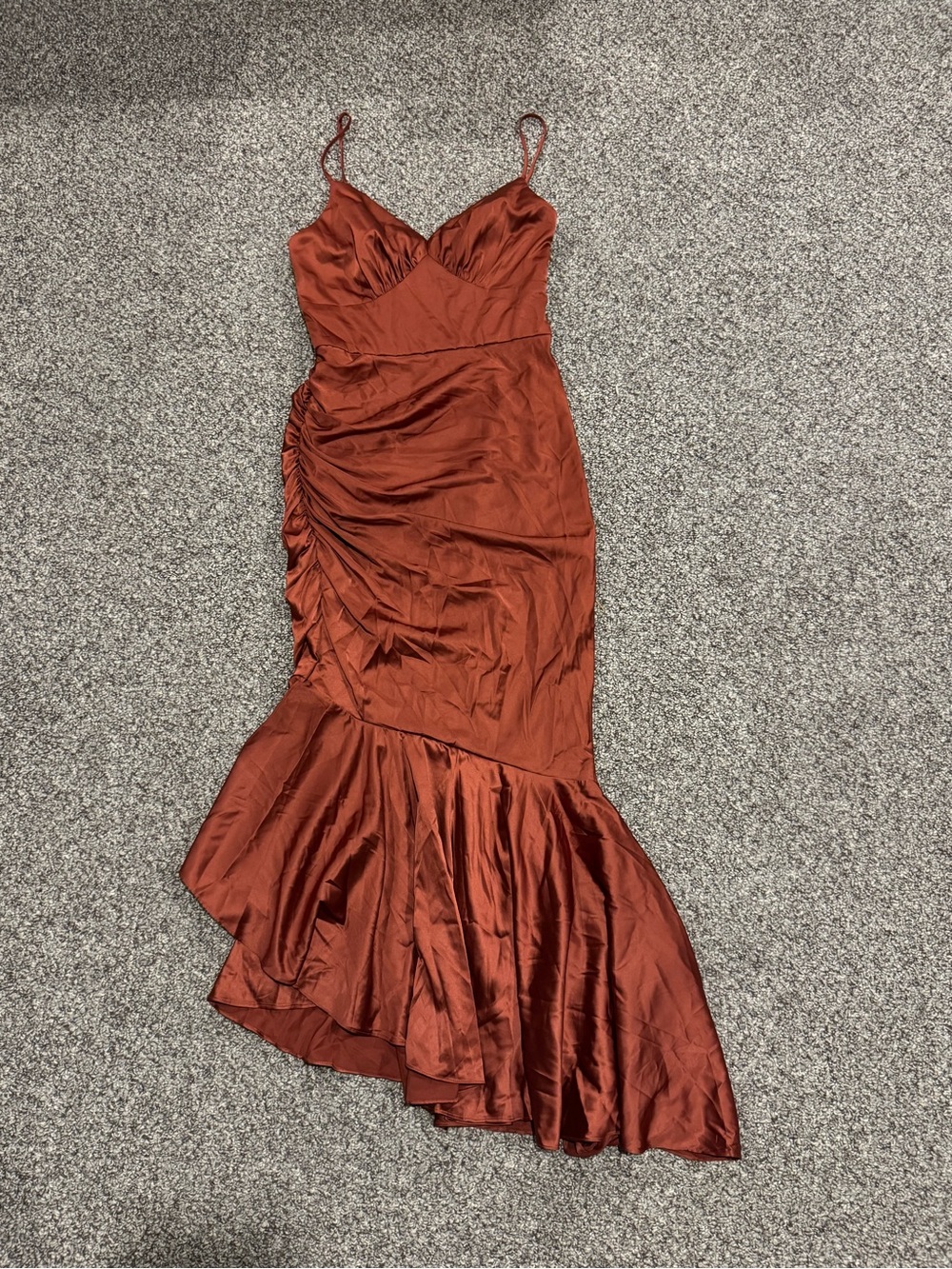 NWT Db Studio Ruched High-Low Satin Slip Dress in Copper Brown - Picture 2 of 7
